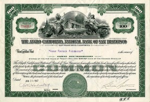 Anglo California National Bank of San Francisco - Stock Certificate